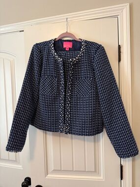 Lilly Pulitzer Navy and White Tweed Pearl-Trim Skirt Suit